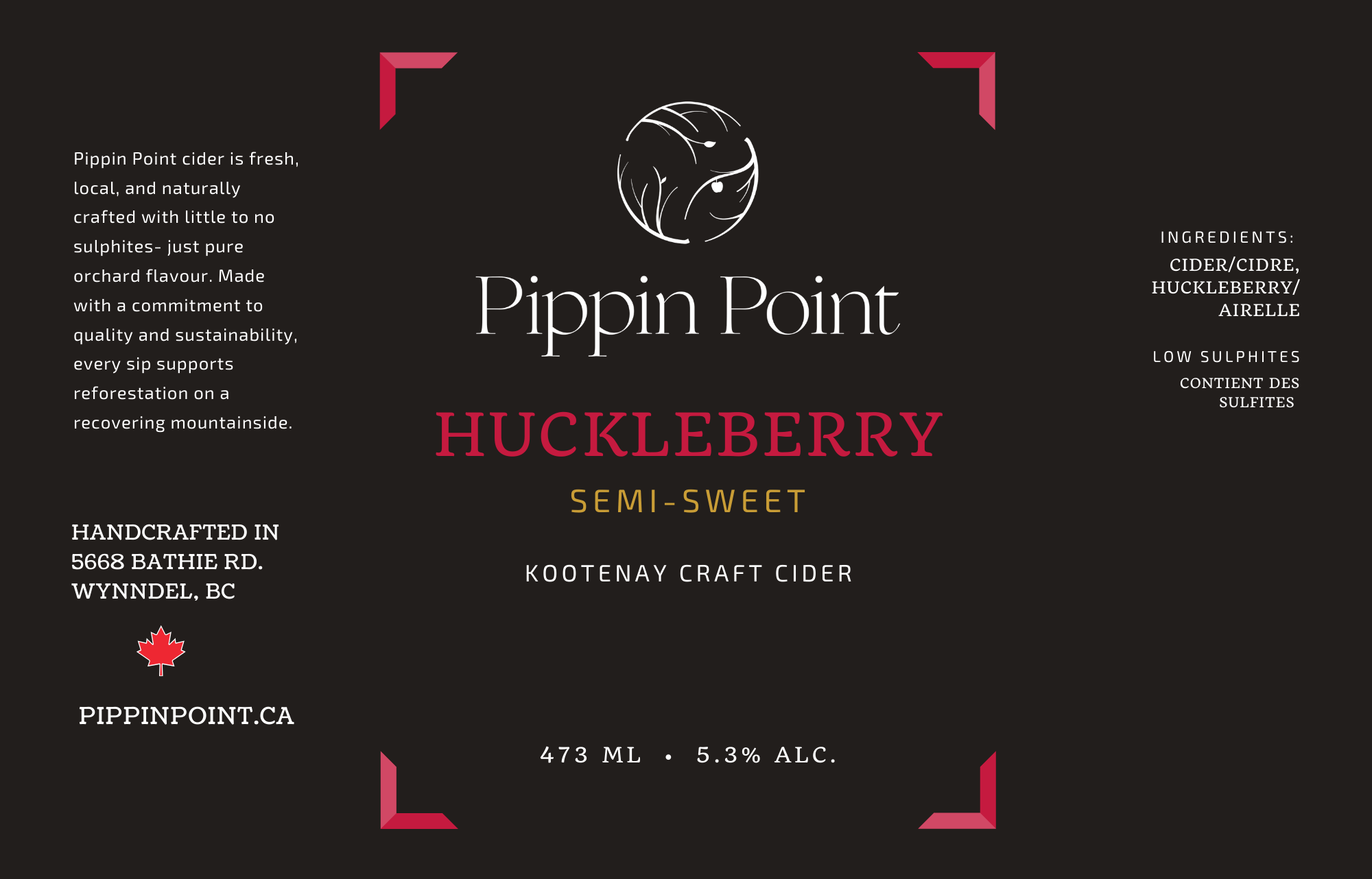 Pippin Point Huckleberry semi-sweet craft cider label, featuring low sulphites and local ingredients from Kootenay.